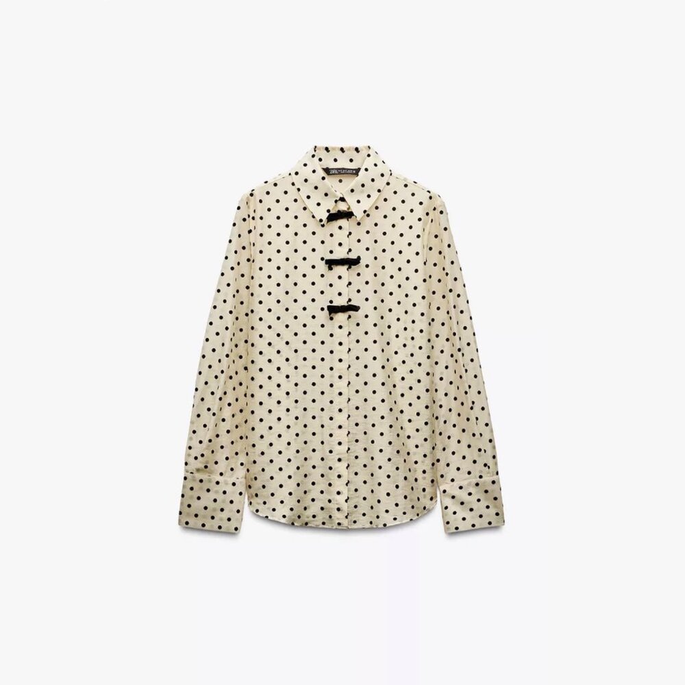 Zara Polka Dot Button Up Blouse with Bow Detail Size XS Cream/Black